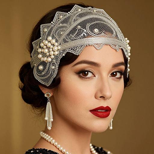 Photograph of a fair-skinned woman with dark hair in an elegant updo, wearing an intricate silver headpiece, pearl necklace, and dangling pearl