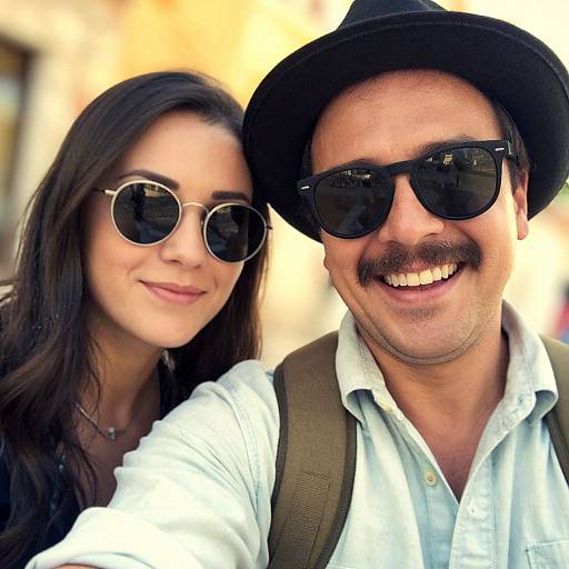Photograph of a smiling Indian couple: woman with long dark hair, round sunglasses, white top; man with black hat, dark sunglasses, mustache