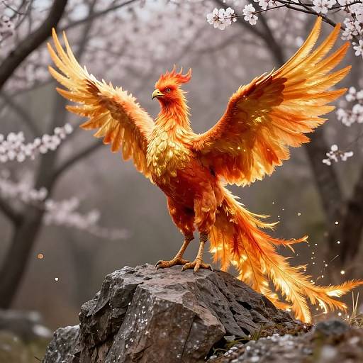 Digital artwork of a vibrant, fiery orange phoenix with outstretched wings perched on a rocky outcrop, surrounded by blurred cherry blossom trees in a