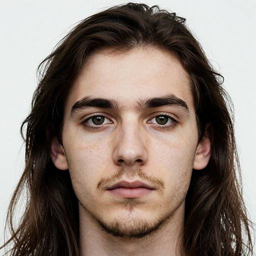 Photograph of a young man with long brown hair, light skin, green eyes, thin mustache, and a slight goatee, against a plain