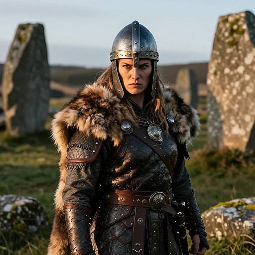 Photograph of a serious, fair-skinned woman in medieval Viking armor with fur trim, metal helmet, standing in a sunlit, ancient stone graveyard