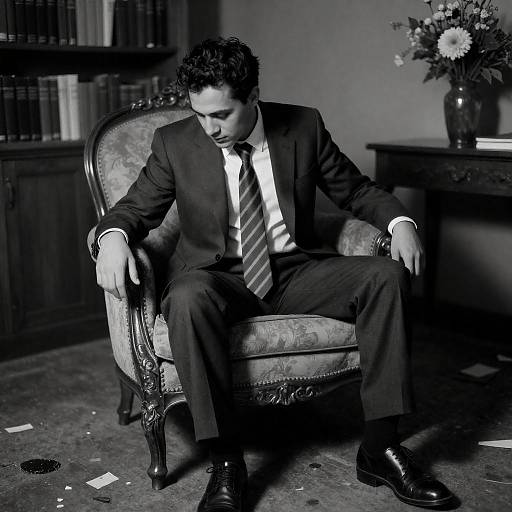 Noir Portrait: Man in Ornate Armchair