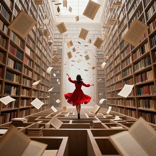 Digital artwork of a woman in a red dress, arms outstretched, standing in a vast library with floating books.