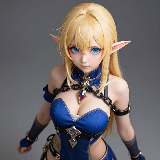 CGI elf woman with long blonde hair, blue eyes, pointed ears, and blue attire with black and gold accents, looking forward.