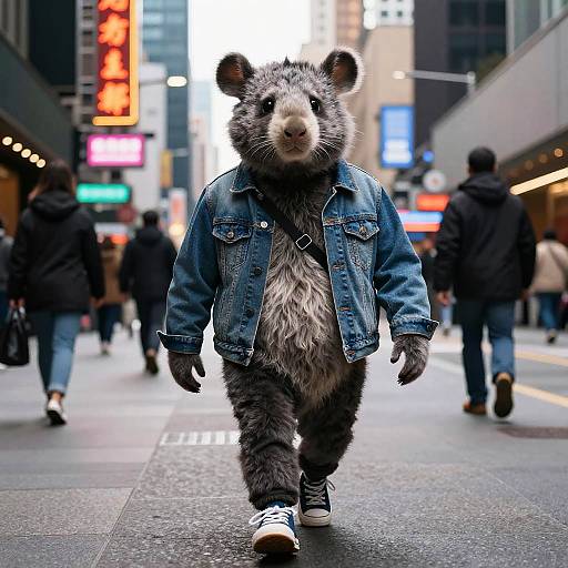 Photograph of a person in a furry bear costume wearing a blue denim jacket and white sneakers walking down a busy city street at night, surrounded by blurred
