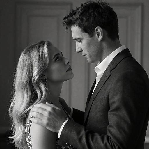 Black-and-white photograph of a romantic moment between a blonde woman in a sleeveless dress and a dark-haired man in a suit, gazing into each