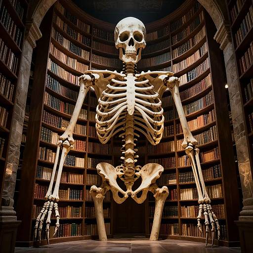 Photograph of a large, detailed human skeleton standing in a grand, dimly lit library with curved bookshelves in the background.