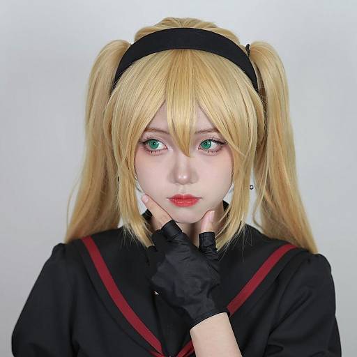 Blonde Cosplayer in Black Outfit with Green Eyes