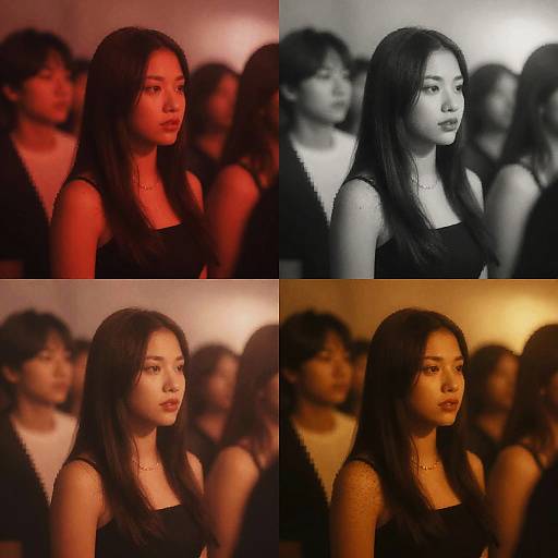 Four-panel photograph of an Asian woman with long black hair, wearing black sleeveless tops, in dimly lit, crowded indoor settings, each panel with