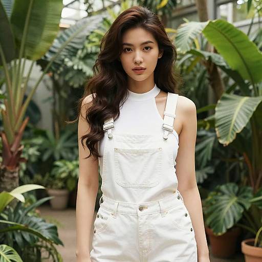 Photograph of an Asian woman with long, wavy black hair, wearing a white sleeveless halter top and high-waisted white pants,