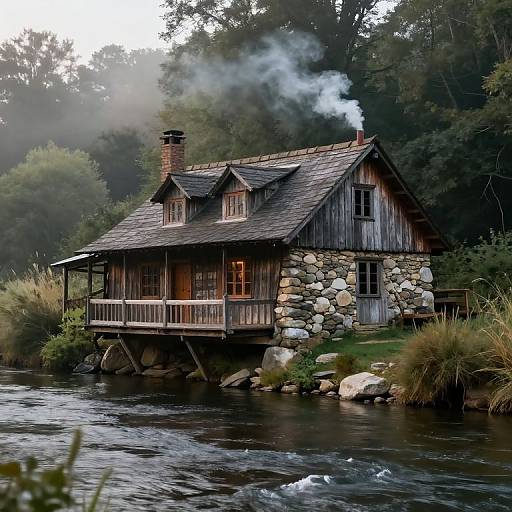 Photograph of a rustic wooden cabin with stone foundation, smoke rising from chimney, overlooking a flowing river in a forested area.
