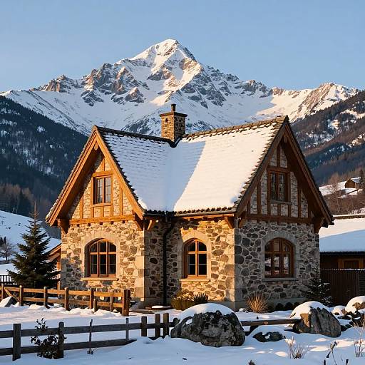 Photograph of a stone chalet with a snow-covered roof in a mountainous winter landscape, sunlight highlighting the house's wooden beams, surrounded by snow
