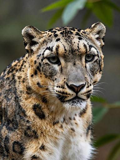 Photograph of a focused, intense leopard with golden-brown fur, black spots, and piercing eyes, set against a blurred green leafy background.