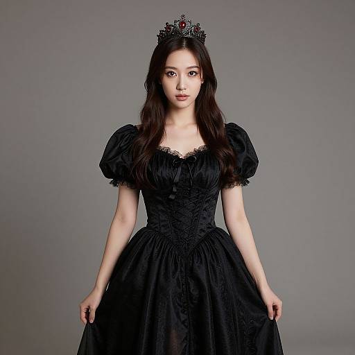 Photograph of an Asian woman with long black hair, wearing a black, puffed-sleeve, lace-trimmed gown and a jeweled