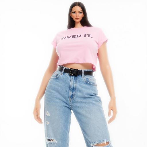 Photograph of a curvy woman with long black hair, wearing a pink 