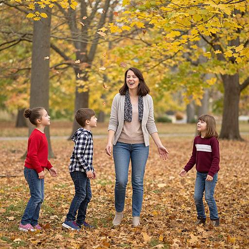 Photograph of a smiling Asian woman with long brown hair, wearing a white cardigan and blue jeans, laughing with three children in autumn park, surrounded