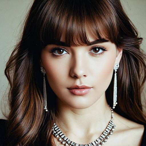 Portrait of Young Woman with Carpet Bangs and Jewelry