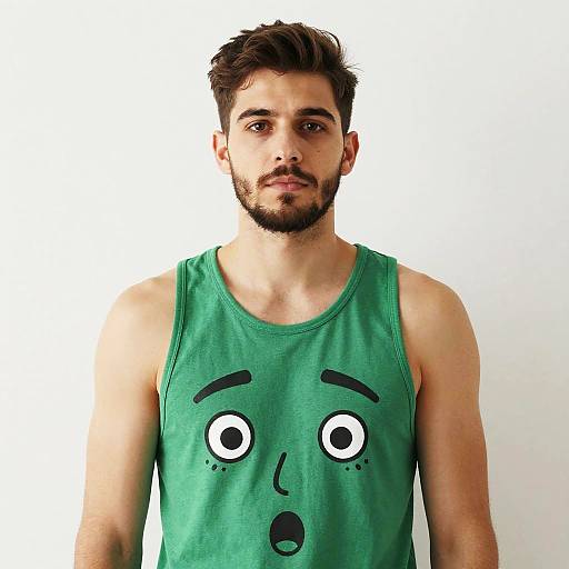 Young Man in Green Cartoon Face Tank Top