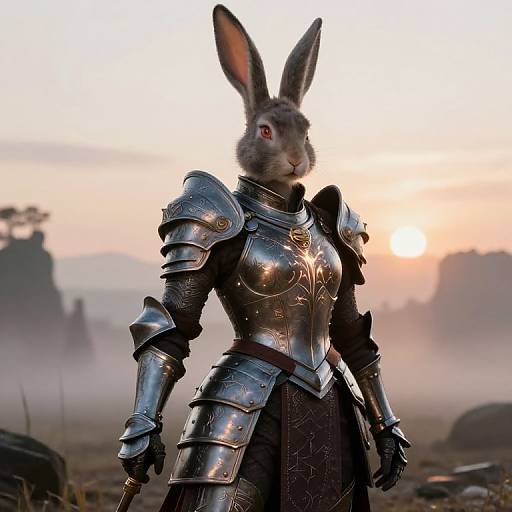 CGI image of an anthropomorphic rabbit in medieval silver armor, standing in a misty, sunrise-lit field, with distant trees and rocks.