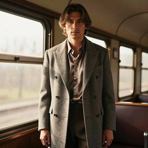 Male Model in Tailored Wool Coat on Vintage Train