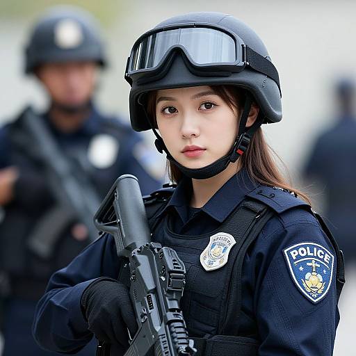 Photograph of an Asian female police officer with brown hair, wearing a black helmet, goggles, and uniform, holding a rifle, with a blurred male