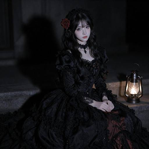 Gothic Girl in Black Dress with Lantern