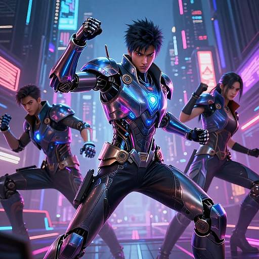 Digital CGI image of three muscular, black-haired, anime-style warriors in neon-lit, cyberpunk city, wearing futuristic, black, glowing armored suits