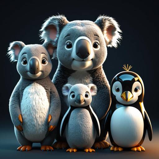 Cartoon Koalas and Penguins Family Portrait