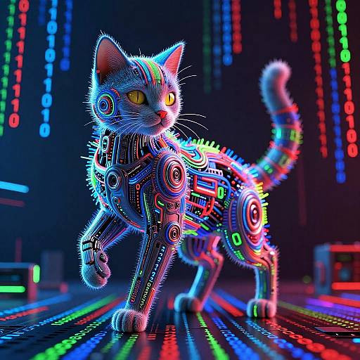Cybernetic Neon Cat with Binary Code