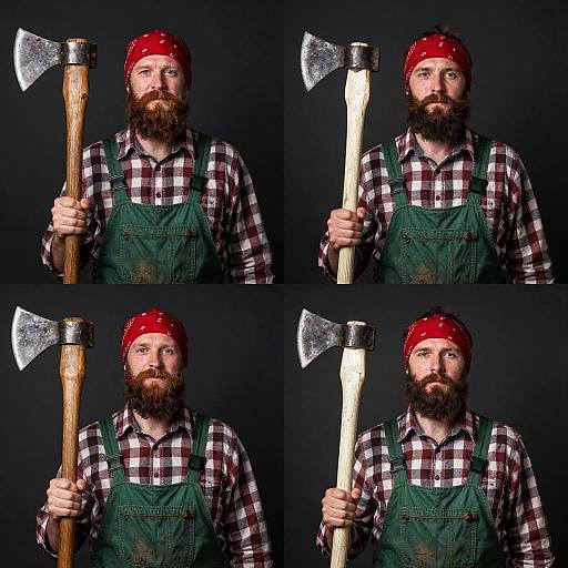 Photograph of a bearded man with a red cap, plaid shirt, green overalls, holding two different axes against a black background.
