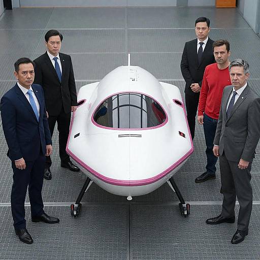 Five Men Standing Around Futuristic Spacecraft