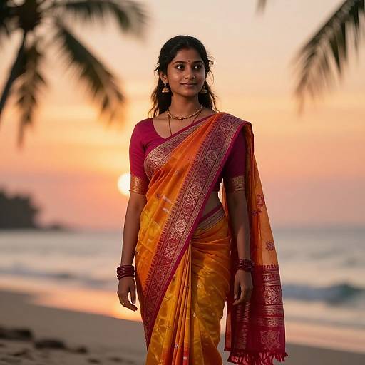 Photograph of an Indian woman in an orange and red sari, standing on a beach at sunset, with palm trees in the background.