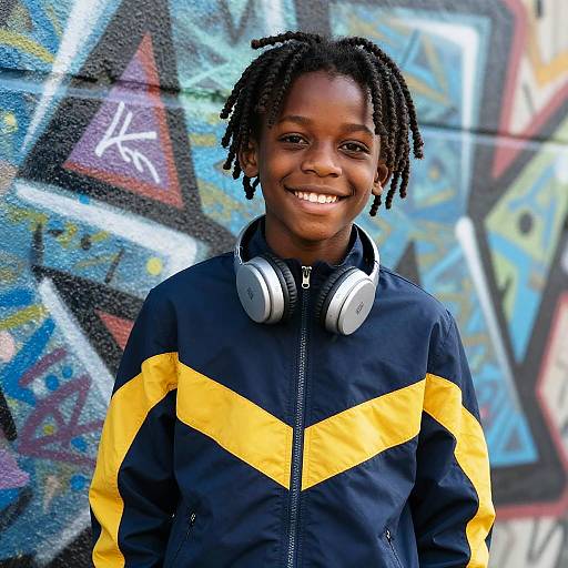 Photograph of a smiling young Black girl with dreadlocks wearing a navy and yellow jacket, gray headphones, standing against colorful graffiti wall.