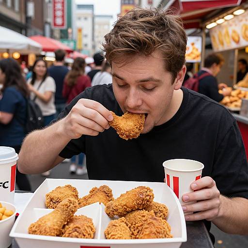 Photograph of a man with short brown hair, wearing a black shirt, eating a crispy fried doughnut at an outdoor food market, holding a red