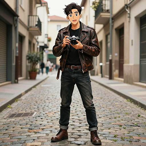 Digital anime-style drawing of a young man with black hair, wearing a brown leather jacket, black shirt, jeans, and brown boots, holding a camera