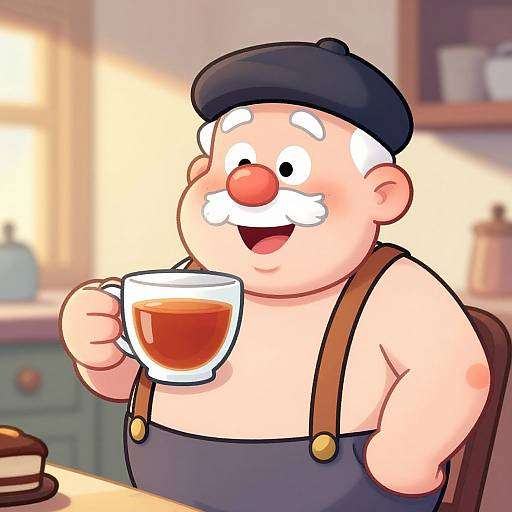 Cartoon-style illustration of a chubby, bald man with a black beret, white mustache, and red nose, sipping tea while wearing brown