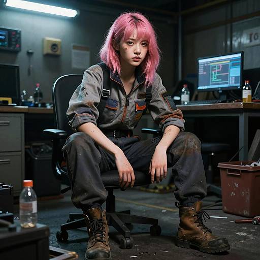 Digital artwork of a pink-haired, pale-skinned woman with small breasts, wearing a dirty denim shirt and dark pants, squatting in a dimly