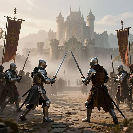 Digital artwork of armored knights dueling with swords in front of a misty, sunlit medieval castle, flanked by red banners.
