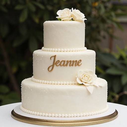 Photograph of a three-tiered white wedding cake with 