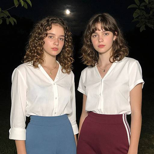 Photograph of two young women with curly and wavy brown hair, wearing white blouses and blue and maroon high-waisted skirts, standing