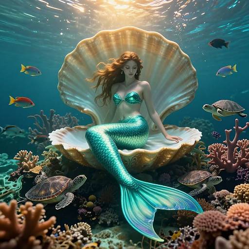 Photorealistic digital artwork of a shimmering green mermaid with flowing red hair, sitting in a large seashell, surrounded by colorful coral,