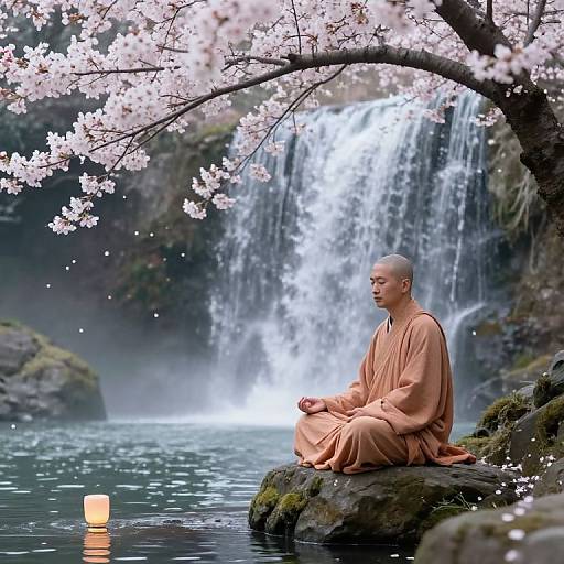 Photograph of a bald, meditating monk in an orange robe, sitting on a rock by a serene waterfall, with cherry blossoms overhead and a