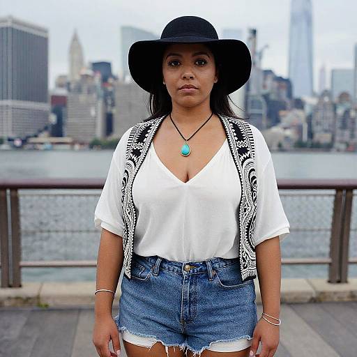Photograph of a Latina woman in a black hat, white blouse, denim shorts, and patterned vest, standing on a city waterfront with skyscrap