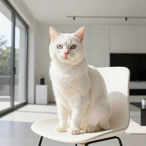 Photograph of a white cat with blue eyes and pink nose sitting on a white chair in a bright, modern room with large windows and minimalist decor.