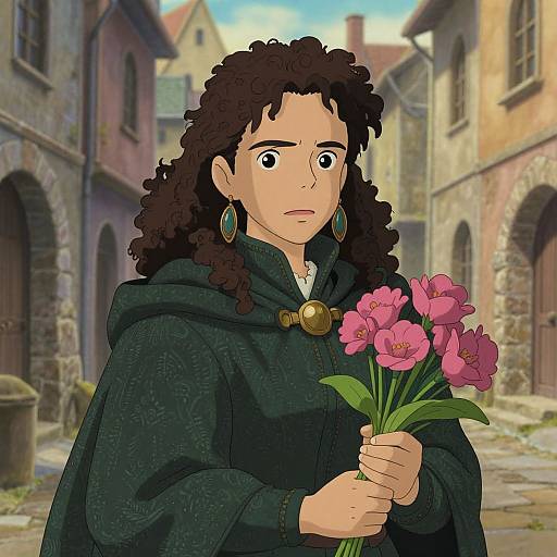 Digital anime-style drawing of a curly-haired, serious-looking man in a dark cloak holding pink flowers, standing in a medieval stone alley.