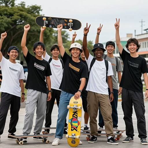 Group of Happy Skateboarders Raising Boards