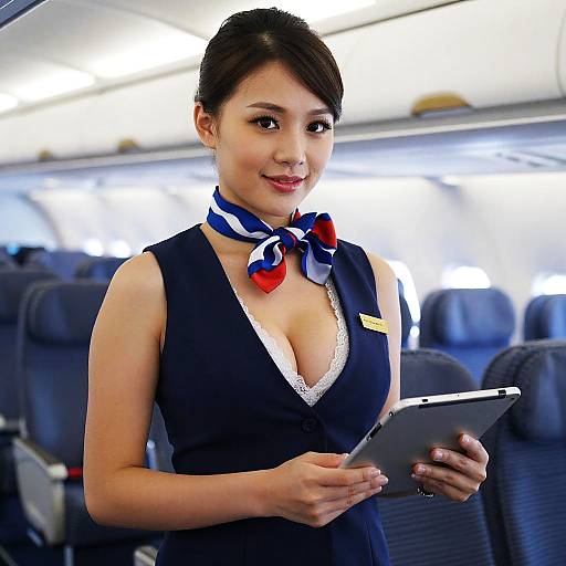 Asian Flight Attendant with Tablet in Airplane Cabin