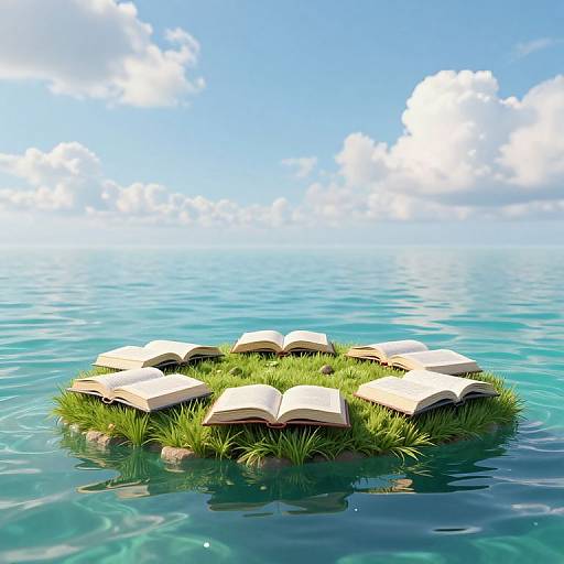 Island of grass with open books floating in calm, turquoise ocean under bright blue sky with fluffy white clouds. Digital art.