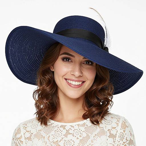 Photograph of a smiling young woman with wavy brown hair, wearing a large blue straw hat and white lace top, against a white background.