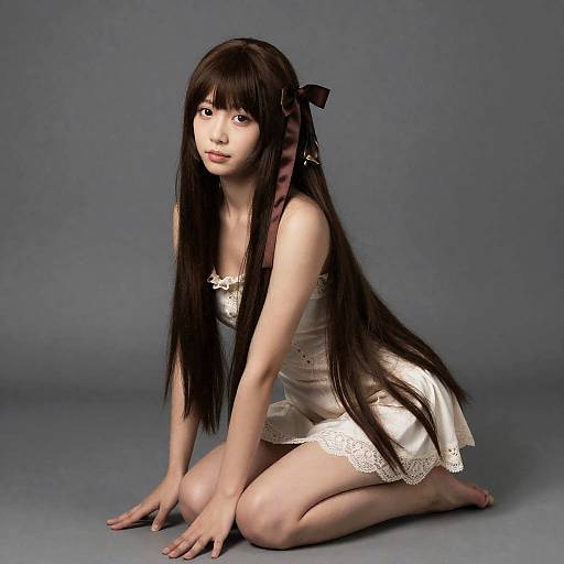 Young Woman Kneeling with Long Brown Hair and Ribbon